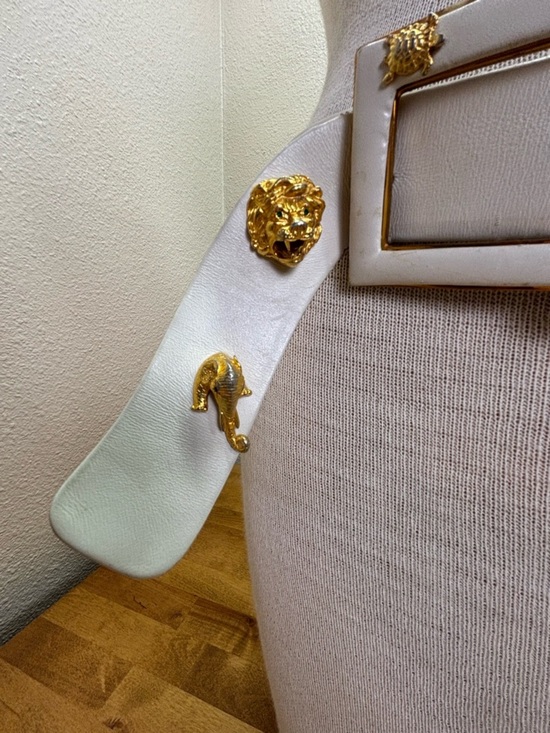 Vtg Judith Leiber White Leather Belt Gold Animal Head Lion Rhino Elephant Turtle main image 4